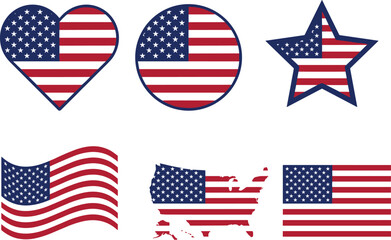 Set of American flag icons including heart shape circle star United States map silhouette and waving vector graphics on white background © MDMEHEDI
