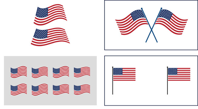 Set of American flag illustrations including crossed poles, flat layout grids, and waving patriotic banners vector graphic design