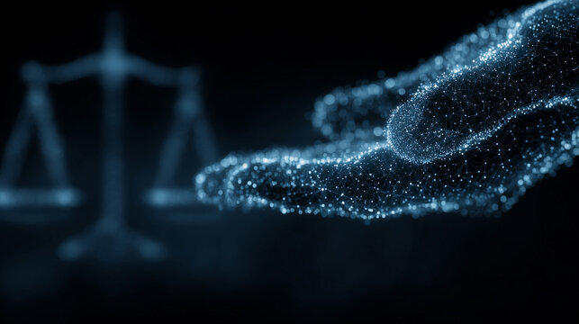 Digital justice scales with flowing binary code in dark futuristic cyber setting