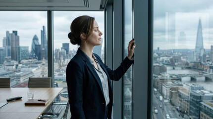 Fototapeta premium Businesswoman breathing window office city skyline calm reflection Businesswoman breathing by window in high rise office, calm profile against city skyline, glass reflection, modern workplace mood