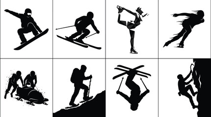 Winter sports and extreme outdoor activities vector silhouette icons set including skiing snowboarding bobsleigh and ice climbing © jamal