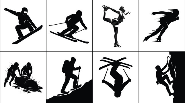 Winter sports and extreme outdoor activities vector silhouette icons set including skiing snowboarding bobsleigh and ice climbing