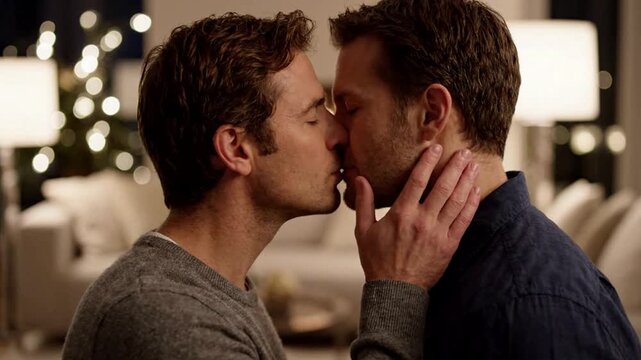 Intimate Moment Between Two Men Loving Kiss Tender Connection Emotional Bonding Warm Indoor Setting