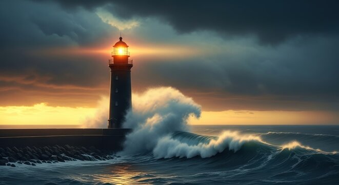Dramatic Lighthouse Stands Against Stormy Sea.