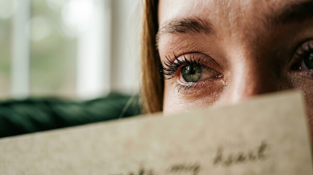 Woman eye tear letter reading emotion closeup paper face heartfelt woman reading tearful handwritten letter with green eye and emotional expression in soft indoor light during private moment