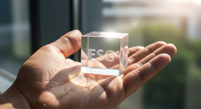 A hand holds a small glass cube with ESG inscription near a sunny window.