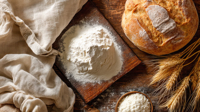 Top-down flat lay of bread baking ingredients with artisan loaf flour mound wheat stalks and linen on dark rustic wooden table in warm side light