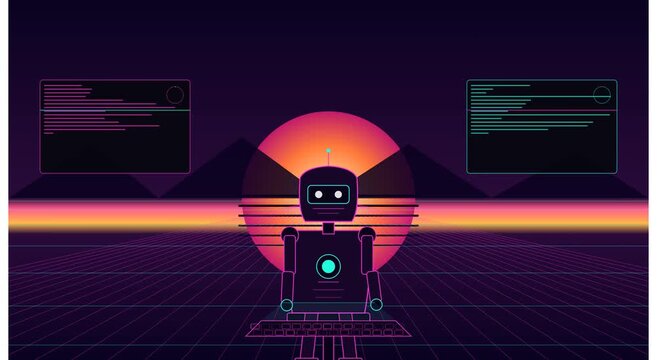 Retro synthwave robot coding in cyberpunk digital animation