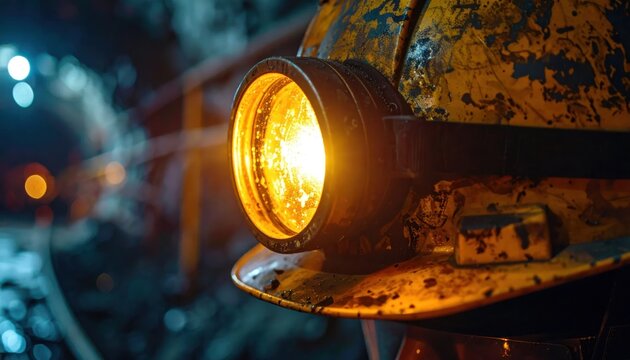 Close-up of a vintage yellow truck headlight glowing at night.