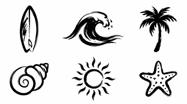 Black ink summer icons featuring surfboard wave palm tree and sun