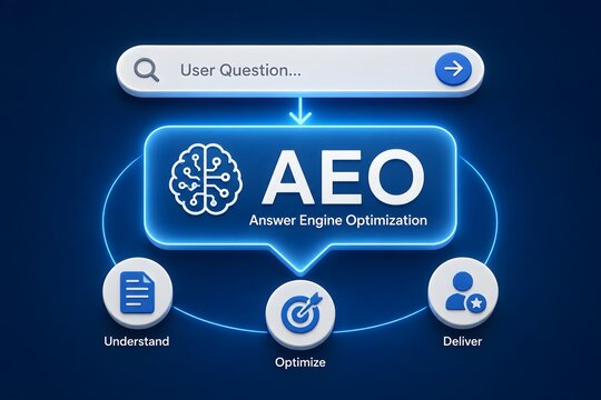 Answer Engine Optimization (AEO) concept with brain icon and user search bar,Understand, Optimize, Deliver icons