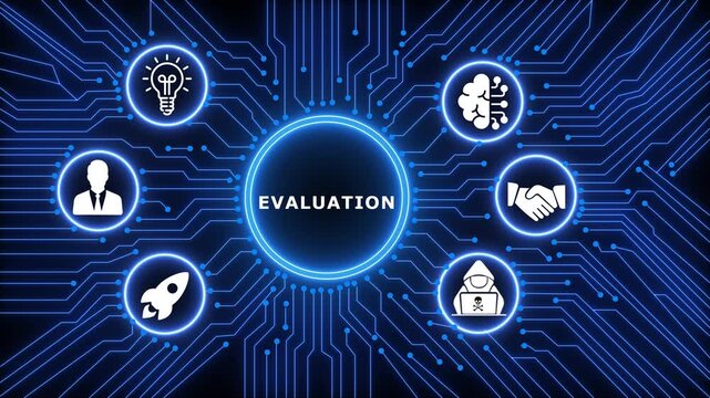 A glowing neon EVALUATION concept surrounded by smaller icons for ai and manufacturing process management all connected in a digital circuit like pattern.circuit lines and digital symbols. 4k