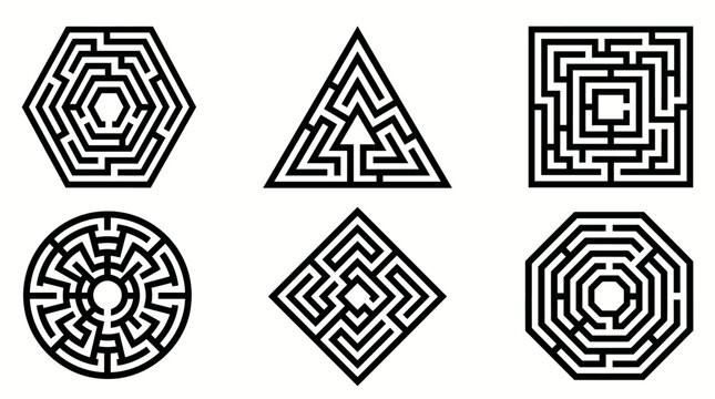 Geometric maze icons in various shapes including circle and square