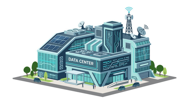 Data center, server farm, cloud computing, isometric illustration, blue and gray building isolated on White Background EPS