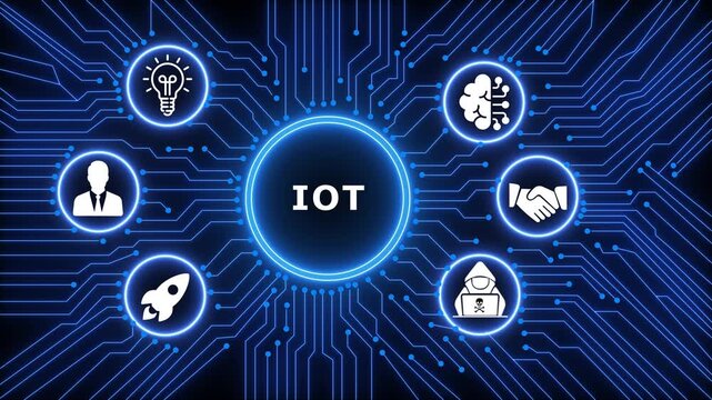 A glowing neon IOT concept surrounded by smaller icons for ai and manufacturing process management all connected in a digital circuit like pattern.circuit lines and digital symbols. 4k