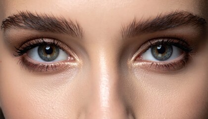 Fototapeta premium Close-up of a Womans Beautiful Green Eyes with Defined Eyebrows.