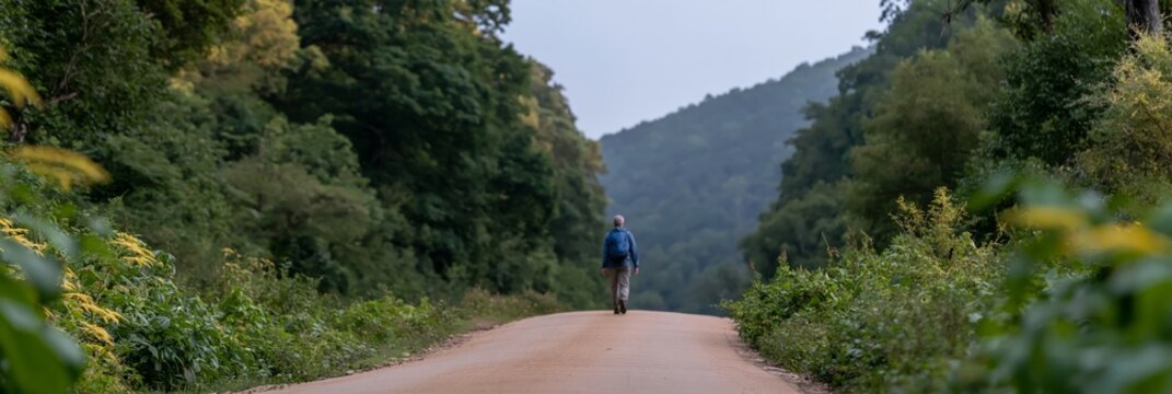 Adventure travel and exploration person hiking on dirt road through lush green forest landscape outdoor recreation and nature tourism