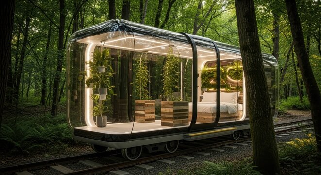 Futuristic glass cabin on rails amidst lush forest with eco-friendly design