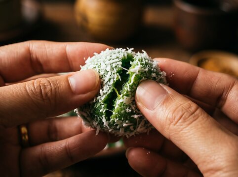 Close Up of Hands Breaking Traditional Indonesian Klepon Sweet Rice Ball