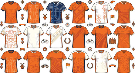 Netherlands football jersey kit mockup vector set with orange shirts tulip flowers windmills bicycles and traditional Dutch cultural elements © Sujon Shah