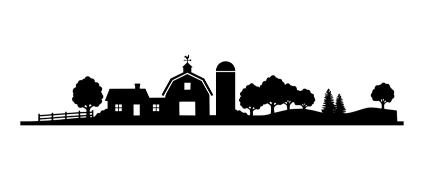 Rural farm landscape silhouette with barn and farmhouse