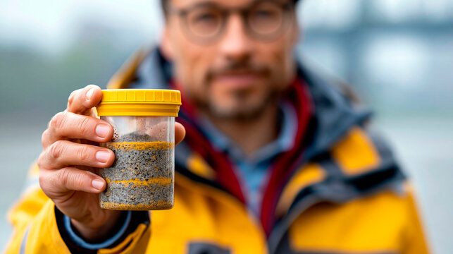 Environmental scientist holding a soil sample container with visible sediment layers during field research, demonstrating geological analysis, environmental monitoring and scientific investigation