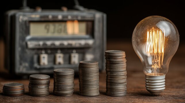 Electric meter with stacked coins and LED bulb, rising electricity prices, household energy costs, utility expenses and personal finance concept.