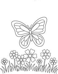 Fototapeta premium Butterfly color page illustration with t Flowers 