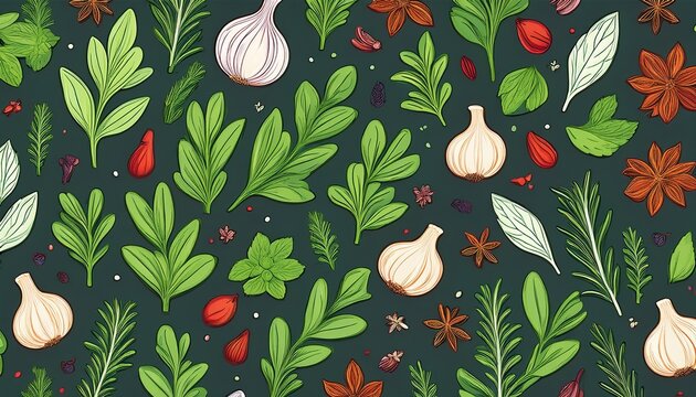 seamless pattern of fresh culinary herbs and spices