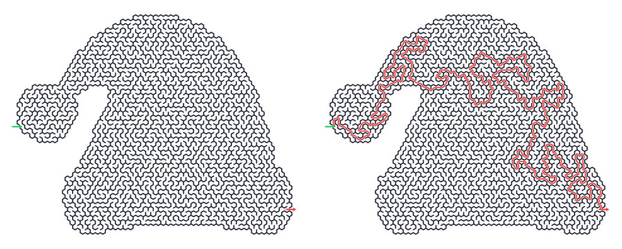 Winter holiday labyrinth printable maze set featuring a Santa hat shaped puzzle with solution for festive kids activities and Christmas brain teasers