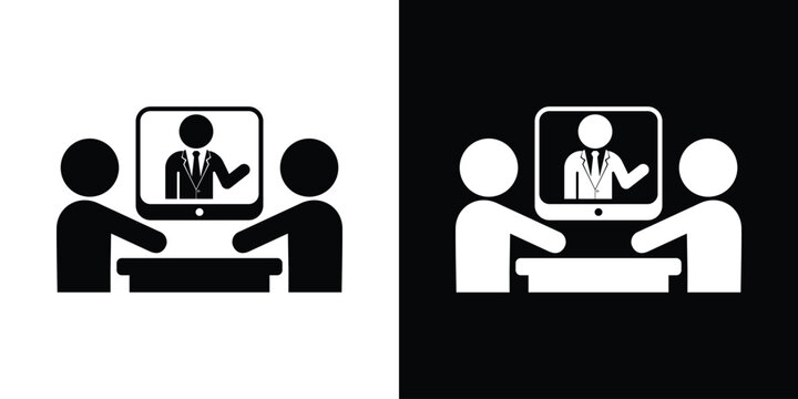 Online business conference and video call icon. Flat minimalist vector of people in an office looking at a digital presentation screen. Suitable for remote work, webinar, and training courses.