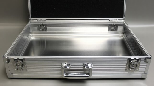 Open empty silver aluminum briefcase or professional flight case on a neutral background