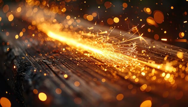 Close-up of bright orange sparks flying from a grinding wheel, creating a fiery trail against a dark background.