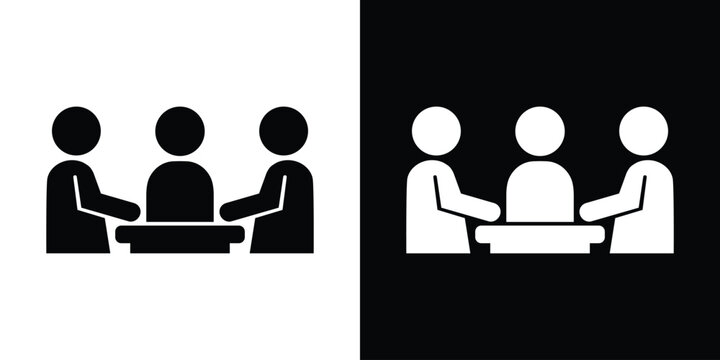 Business meeting icon. Flat vector illustration of people sitting at a conference table talking. Clean black and white icon style graphics for corporate teamwork, interview, and panel discussion.