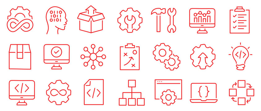 DevOps methodology and software development concept editable stroke outline icons set isolated on white background flat vector illustration. Pixel perfect. 64 x 64.