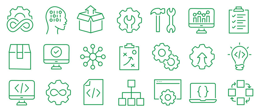 DevOps development and operations concept editable stroke outline icons set isolated on white background flat vector illustration. Pixel perfect. 64 x 64