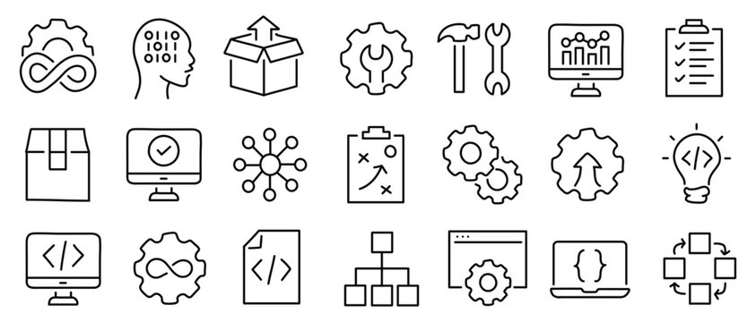 DevOps development and operations concept editable stroke outline icons set isolated on white background flat vector illustration. Pixel perfect. 64 x 64