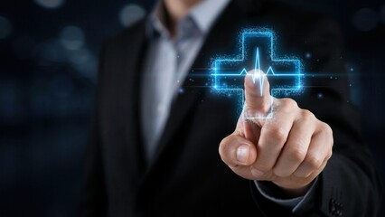 Fototapeta premium Businessman touching a digital medical cross icon with a heartbeat line, representing healthcare technology and digital health services