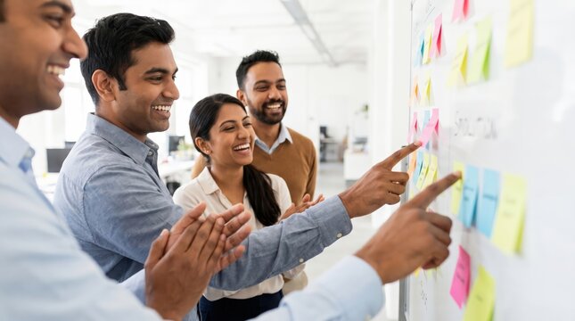Diverse Business Team Collaboration Concept: Group of Multi-Ethnic and Indian Entrepreneurs Brainstorming Happily with Sticky Notes on Whiteboard in Minimalist Office