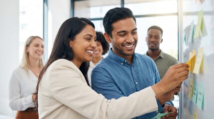 Obraz premium Creative Business Strategy Concept: Handsome Indian Man and Beautiful Indian Woman Placing Sticky Notes on Whiteboard with Diverse Team in Modern Studio