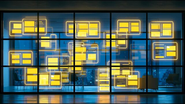 Bright yellow shapes flash on a glass wall as the evening light fades. The setting is a contemporary urban building filled with technology.