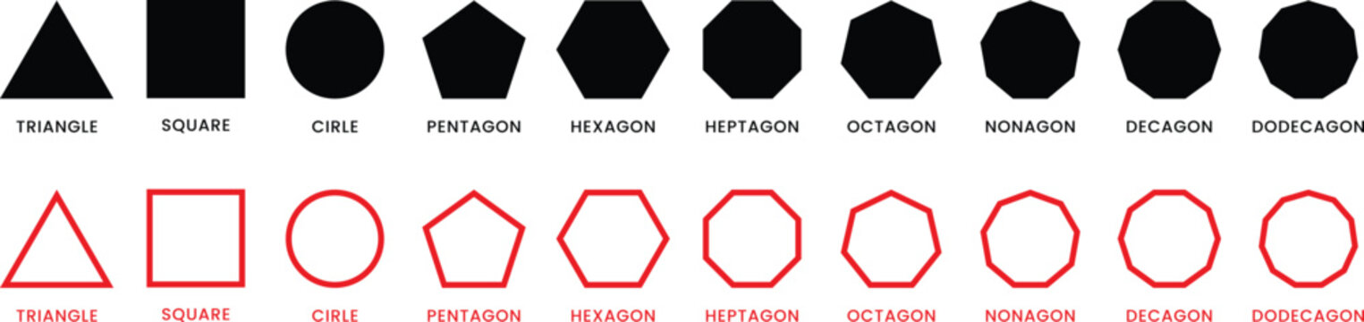 Educational chart of basic geometric shapes set. Basic shapes vector set. Geometric shapes including triangle, square, pentagon, circle in solid black styles. Geometric formal shape. Polygonal element