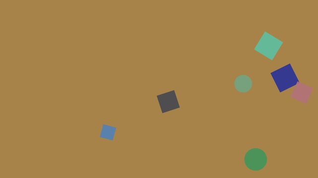 Geometric shapes floating in motion against a warm background with a dark void