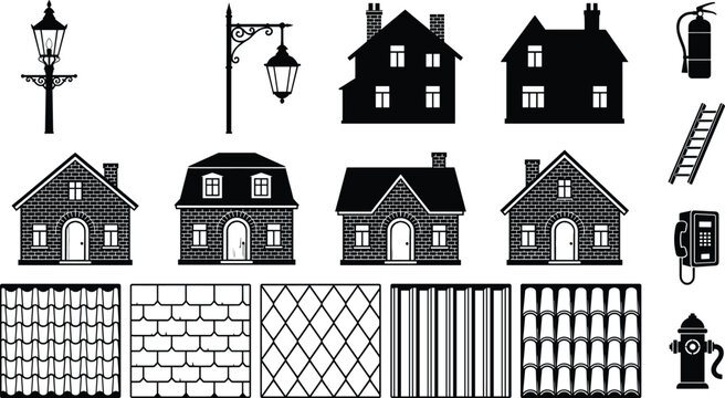 Architectural House and Building Elements Silhouette Set with Street Lamps Roof Textures and Safety Icons