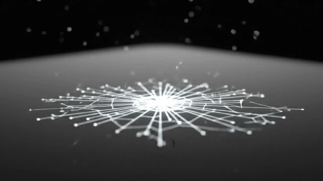 A glowing glass orb falls and shatters upon a dark surface, transforming into an intricate, expanding network of luminous white lines and neural-like patterns.