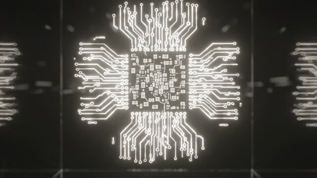 A futuristic video zooms in on a glowing microprocessor chip in a dark digital space. Intricate circuit patterns pulse with light, symbolizing advanced computing and artificial intelligence.
