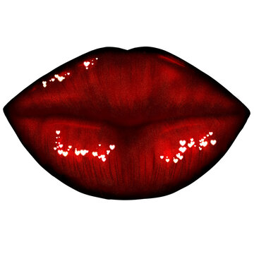Red lips with little hearts glitter isolated on white