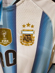 Naklejka premium Argentina soccer jersey. Lionel Messi shirt. Number 10. Shield with stars representing the 3 championships won. AFA logo. Argentine Football Association. Adidas. Shield. Soccer player.
