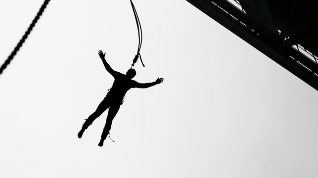 Clean black silhouette of a person bungee jumping from a bridge against a bright white background, dynamic freefall pose, minimal extreme sports concept, adventure activity