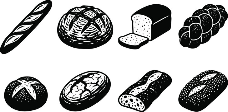 Vector collection of eight artisanal bakery bread icons including baguette sourdough loaf sliced bread and braided challah